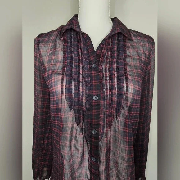 American Eagle Sheer Long Sleeve Ruffle Plaid Blouse - Picture 4 of 8